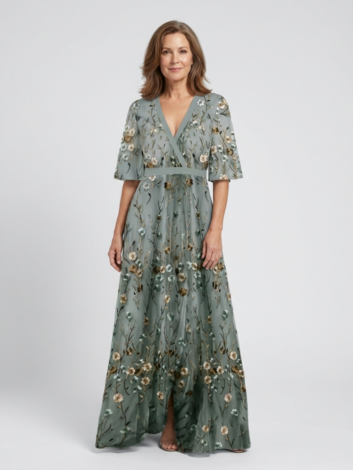 Evadne | Besticktes V-Ausschnitt Maxikleid