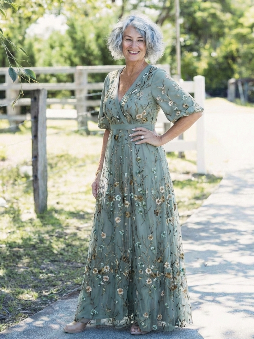 Evadne | Besticktes V-Ausschnitt Maxikleid