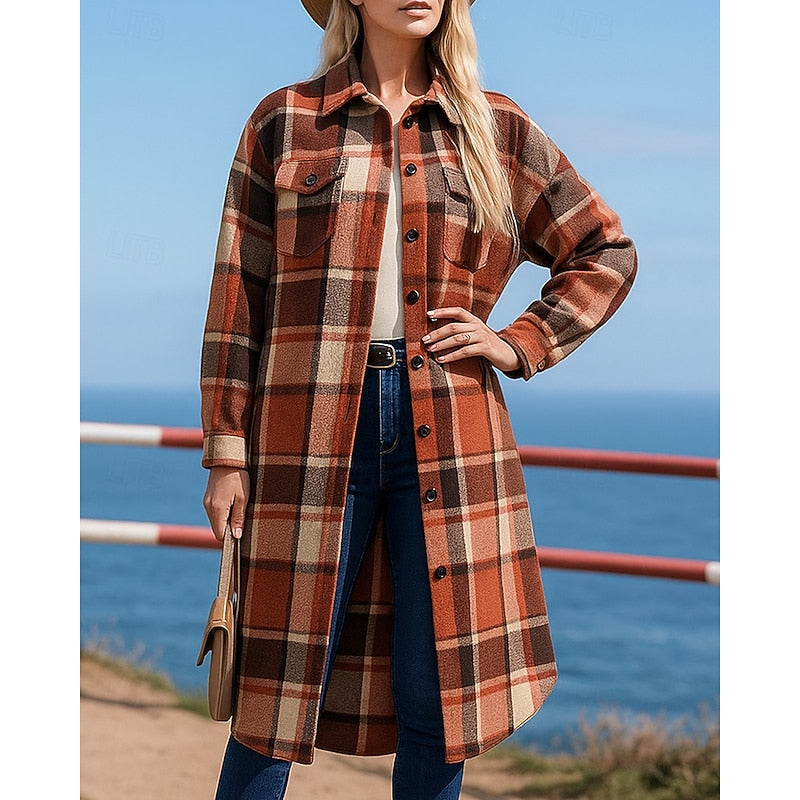 Damen Longline-Mantel mit Karomuster, Knöpfen und Taschen