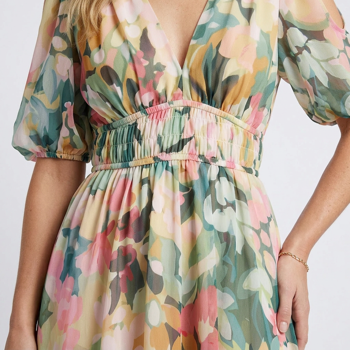 Eulalie | V-Ausschnitt Kurzarm Kleid mit geraffter Taille Midi