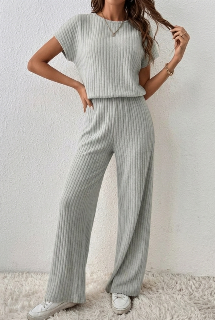 ElevenOra Stilvoller Cremeweißer Reißverschluss-Stehkragen Oversized Kurzarmpullover & Weitbeinige Hose - Geripptes Strick-Zweiteiliges Ensemble