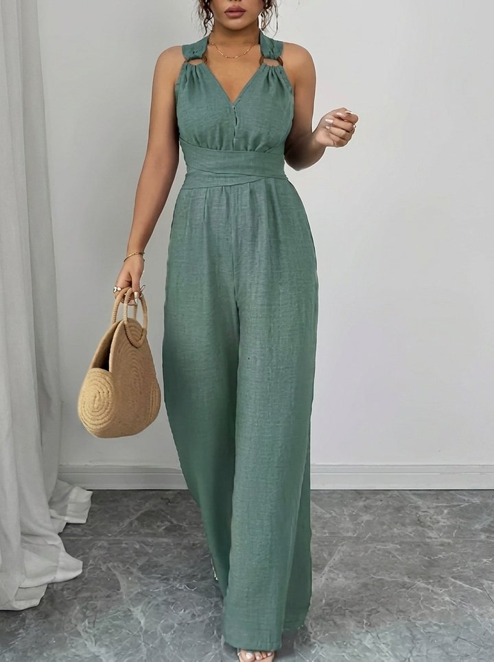 MARYAM™ - Einfarbiger Spitzenoberteil & Jumpsuit Ensemble mit Taschen