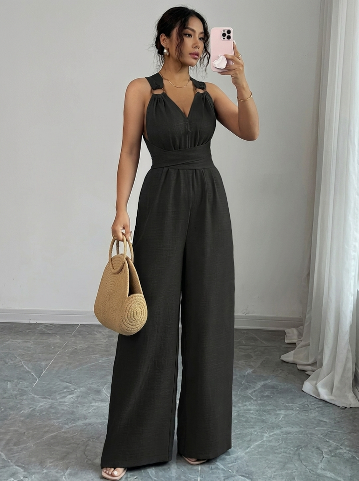 MARYAM™ - Einfarbiger Spitzenoberteil & Jumpsuit Ensemble mit Taschen
