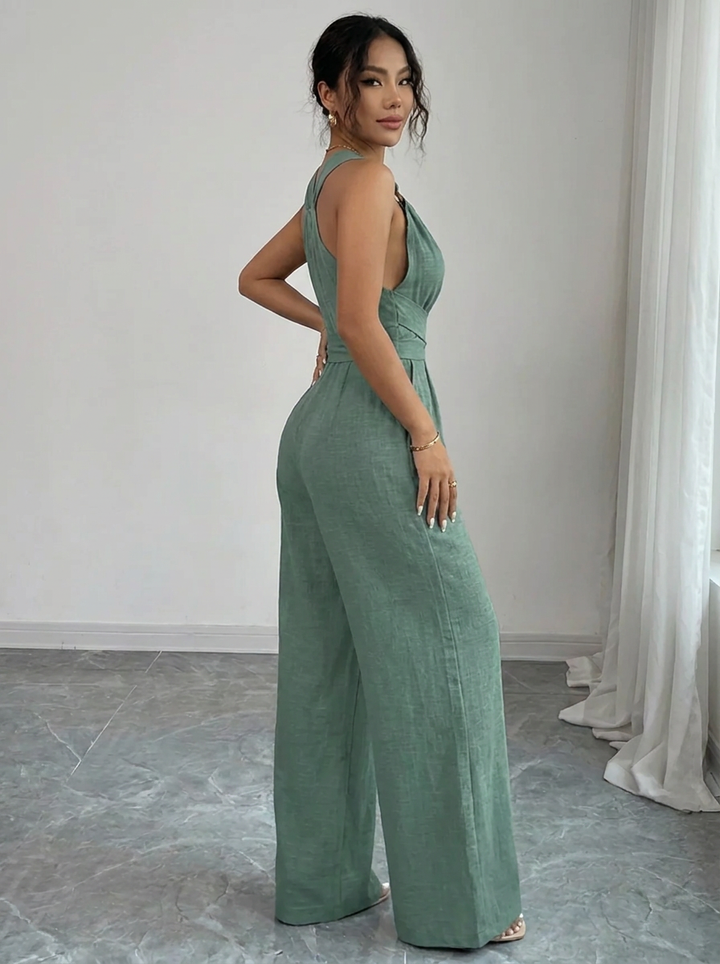 MARYAM™ - Einfarbiger Spitzenoberteil & Jumpsuit Ensemble mit Taschen