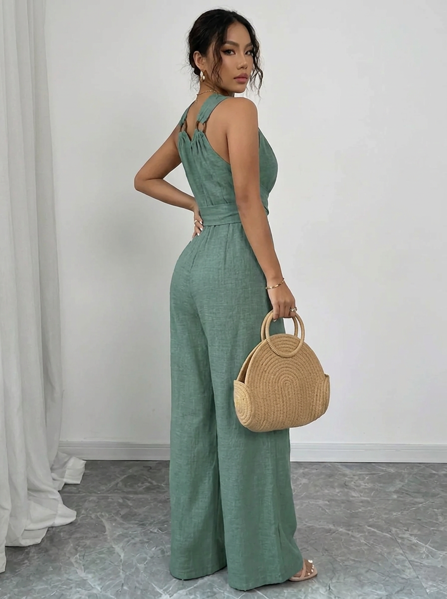 MARYAM™ - Einfarbiger Spitzenoberteil & Jumpsuit Ensemble mit Taschen