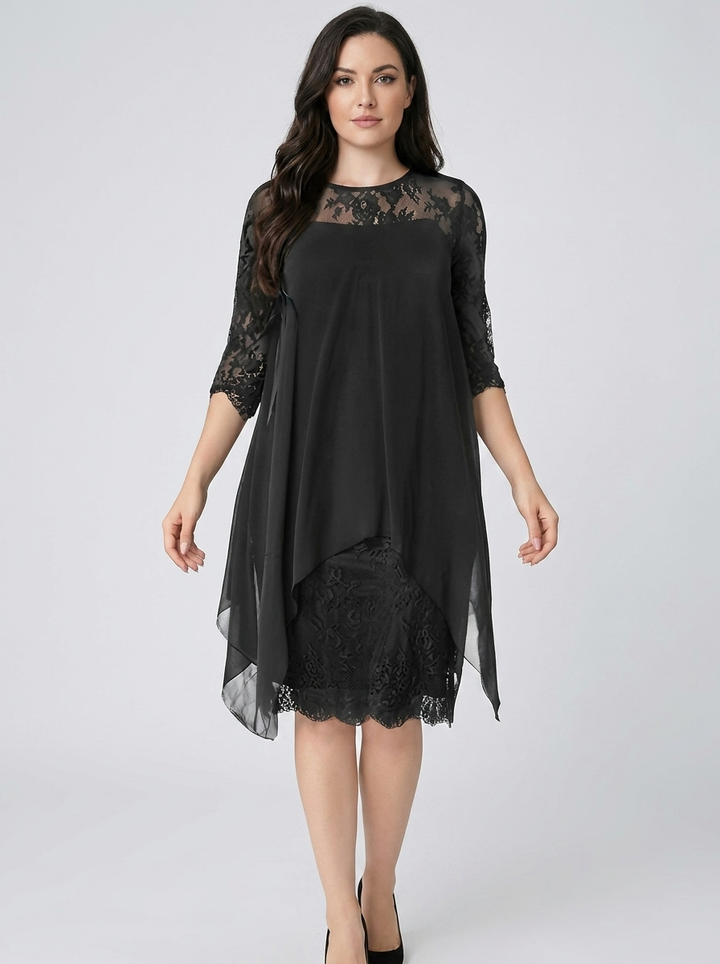 Frauen Rundhals Besticktes Patchwork Kleid