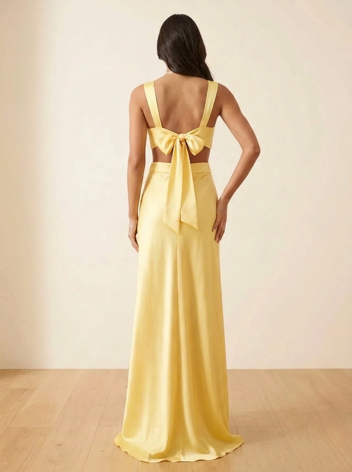 Rosalyn - V-Ausschnitt Satin Schleifen Rückenfreies Maxikleid