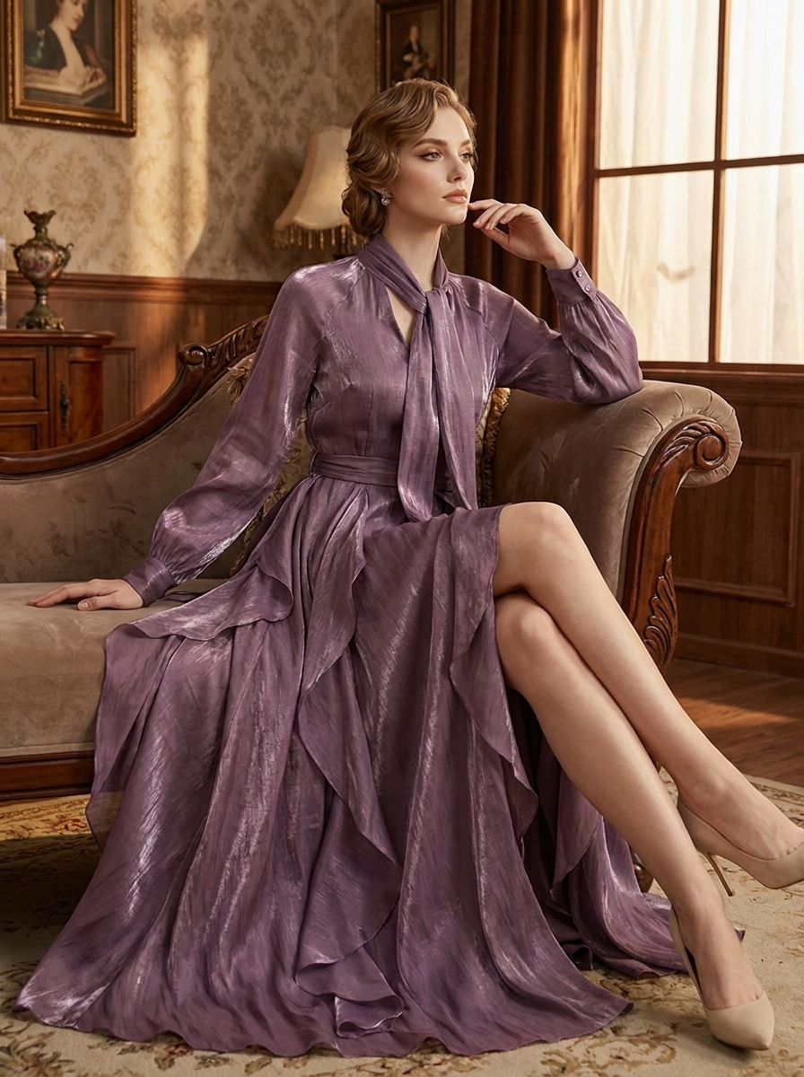 Demetria | Rüschendetail Maxikleid mit Bindeband