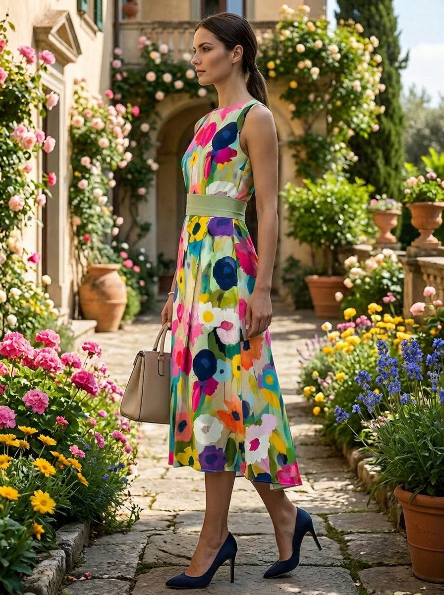 Carmina | Ärmelloses Midi-Kleid mit Aquarell-Blumendesign