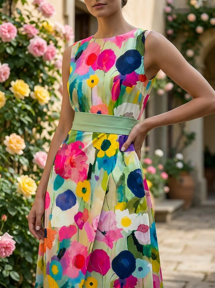 Carmina | Ärmelloses Midi-Kleid mit Aquarell-Blumendesign