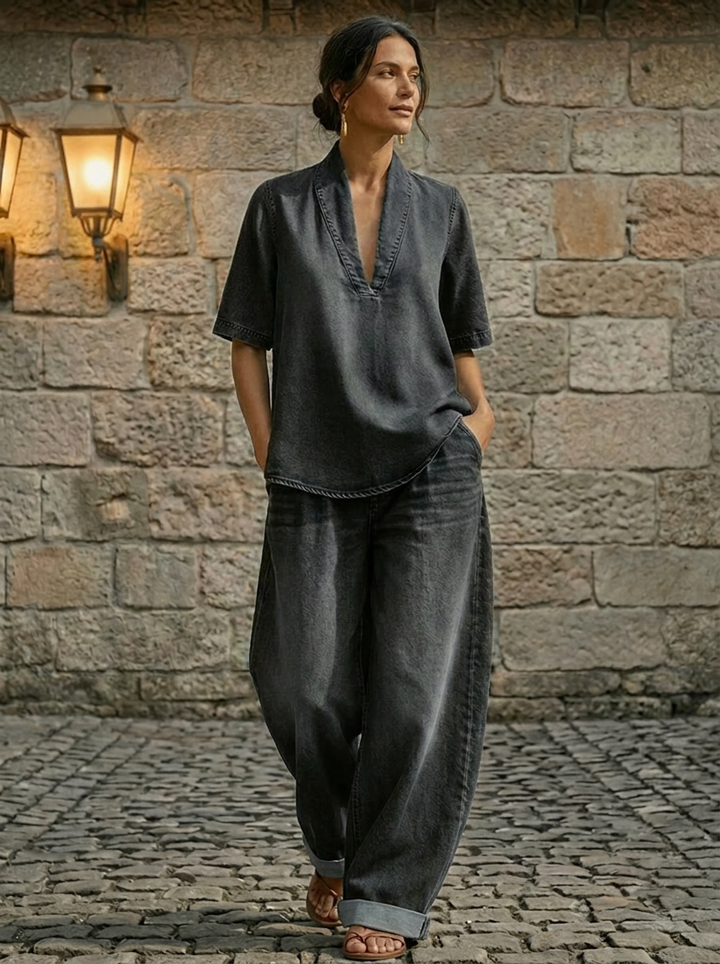 Schickes Damen-Jeans-Oberteil und weite Hose Zweiteiliges Set
