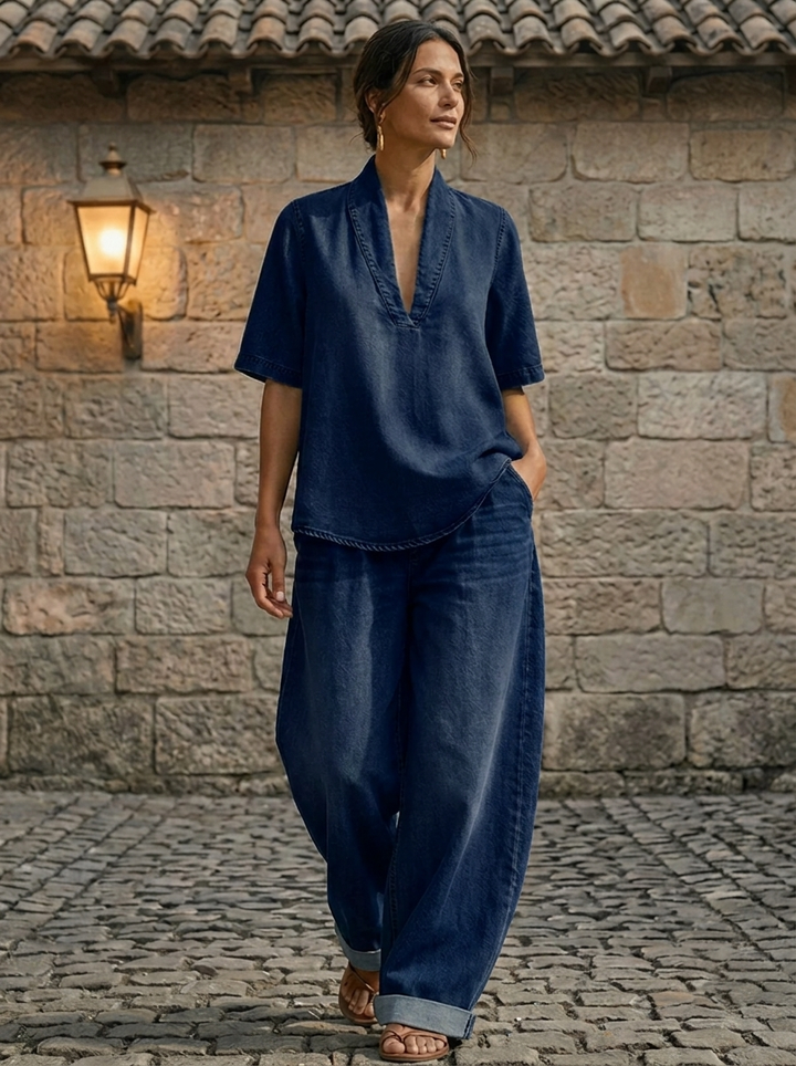 Schickes Damen-Jeans-Oberteil und weite Hose Zweiteiliges Set