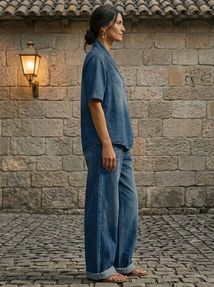 Schickes Damen-Jeans-Oberteil und weite Hose Zweiteiliges Set