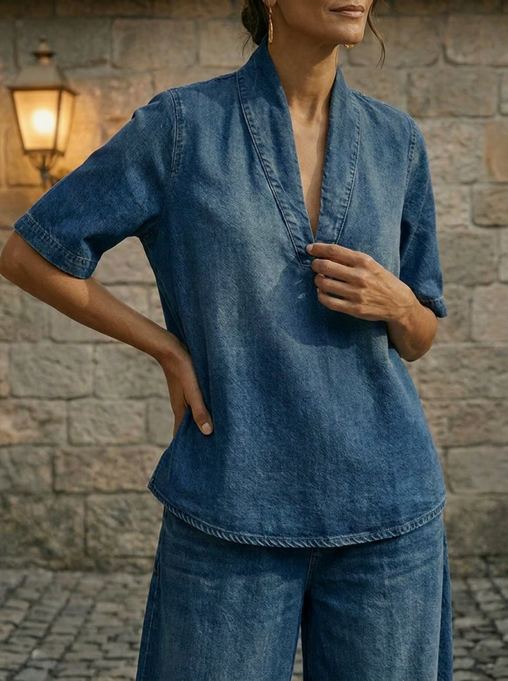 Schickes Damen-Jeans-Oberteil und weite Hose Zweiteiliges Set