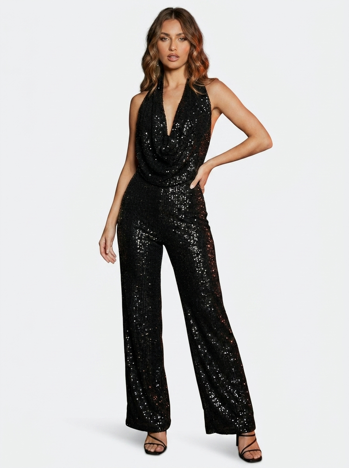 Pailletten-Einfarbiger Jumpsuit mit Bindungsdetail