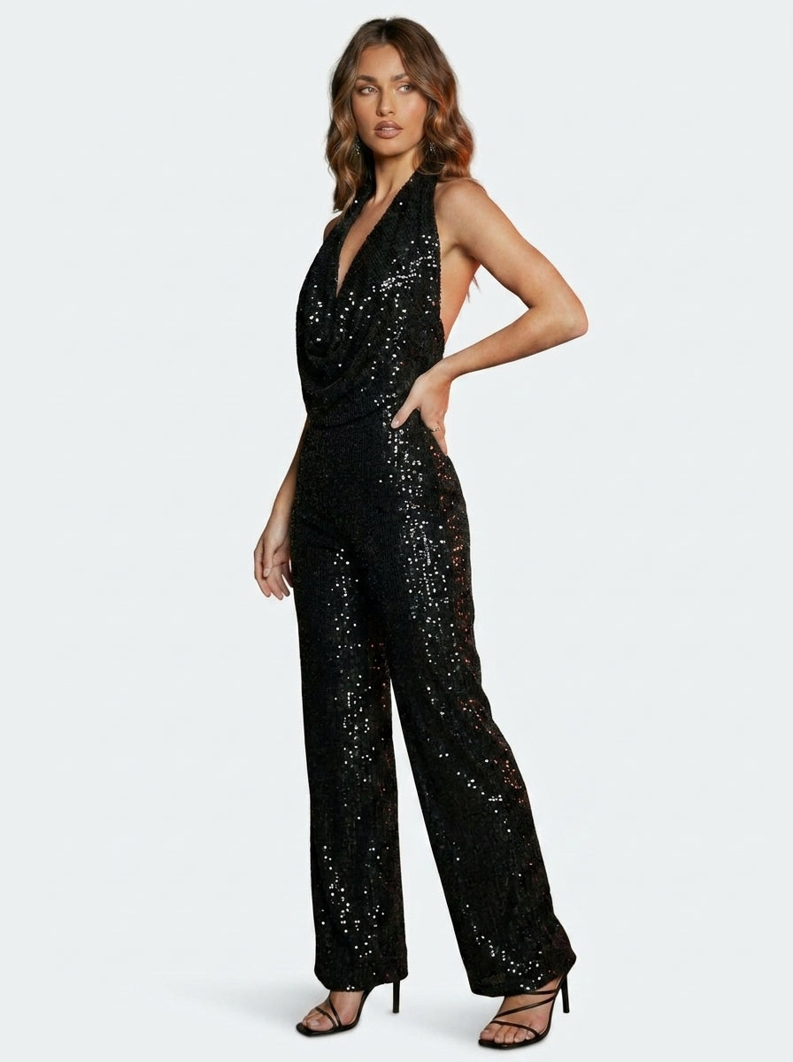 Pailletten-Einfarbiger Jumpsuit mit Bindungsdetail