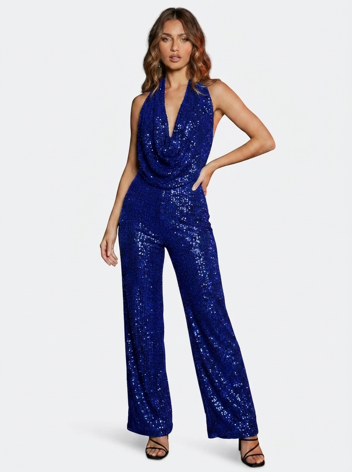 Pailletten-Einfarbiger Jumpsuit mit Bindungsdetail