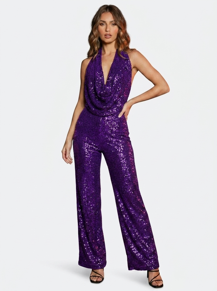 Pailletten-Einfarbiger Jumpsuit mit Bindungsdetail
