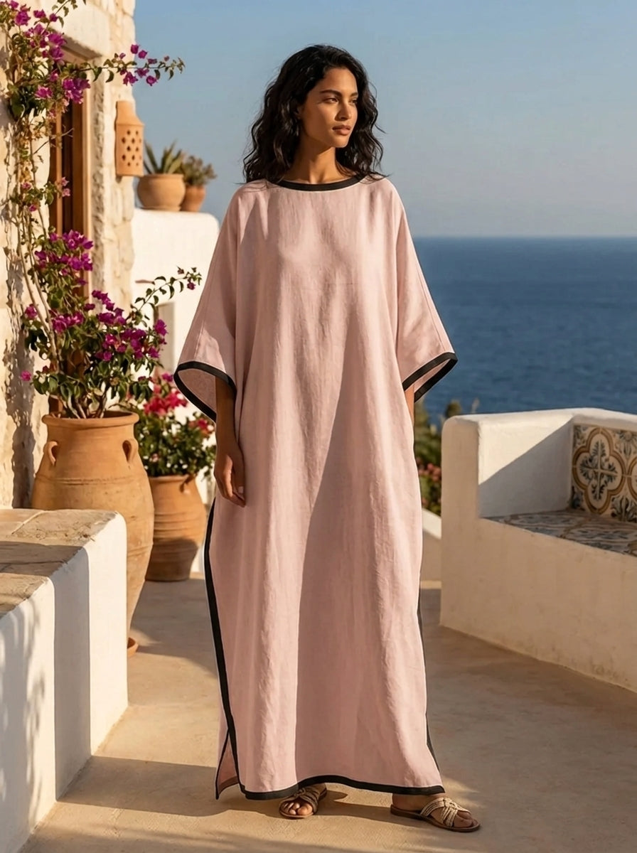 Beige Off-Shoulder Maxikleid mit lockerem Schnitt und Farbblockdesign
