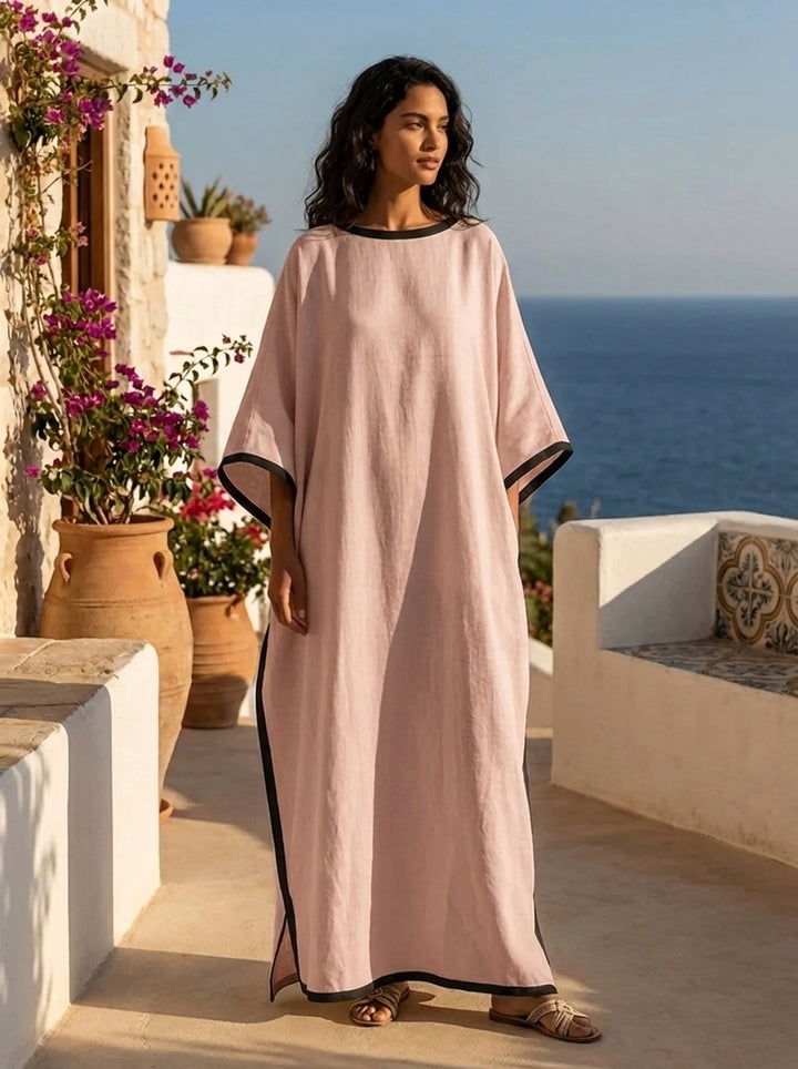 Beige Off-Shoulder Maxikleid mit lockerem Schnitt und Farbblockdesign