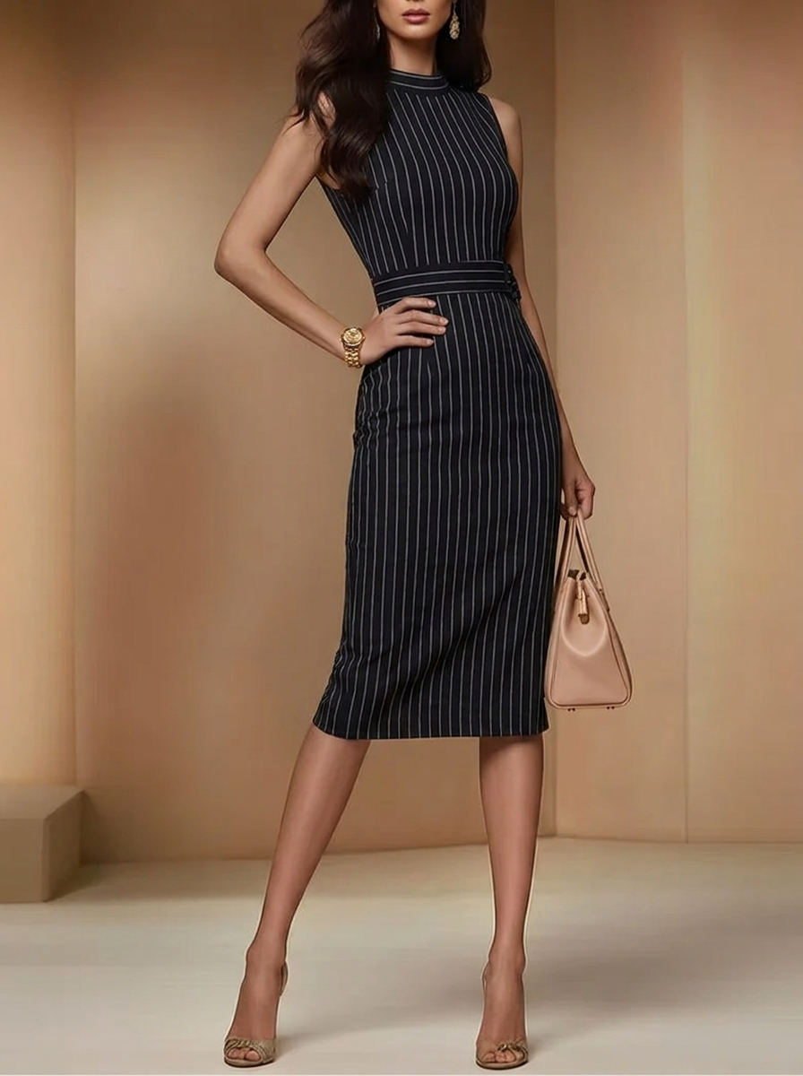 Schmal geschnittenes Midi-Ärmelkleid in Schwarz mit Nadelstreifen