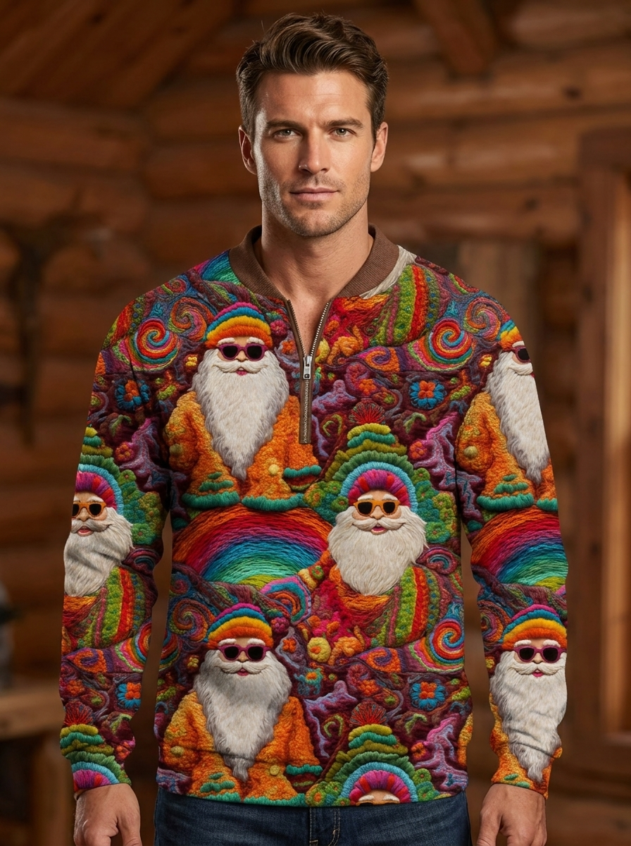Herren Retro Groovy Hippie Weihnachtsmann Druck Freizeit Reißverschluss Pelzkragen Pullover
