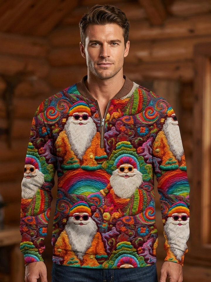 Herren Retro Groovy Hippie Weihnachtsmann Druck Freizeit Reißverschluss Pelzkragen Pullover