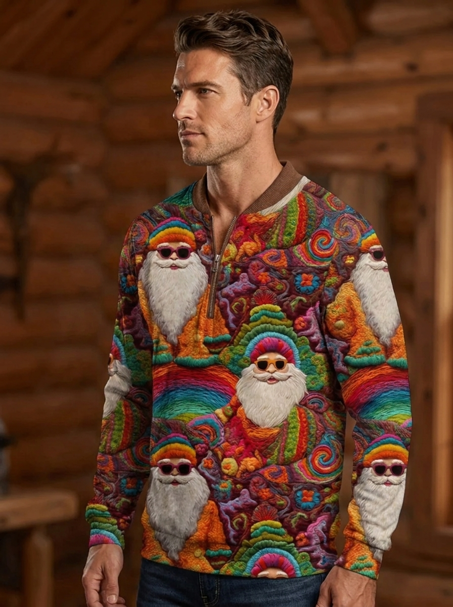 Herren Retro Groovy Hippie Weihnachtsmann Druck Freizeit Reißverschluss Pelzkragen Pullover