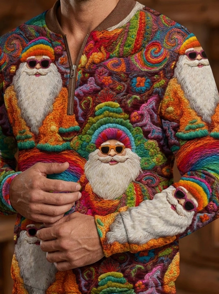 Herren Retro Groovy Hippie Weihnachtsmann Druck Freizeit Reißverschluss Pelzkragen Pullover