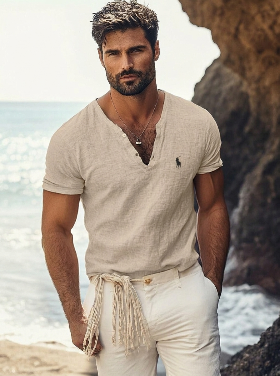 Frank | Men's V-Neck Shirt with Short Sleeves and Buttons