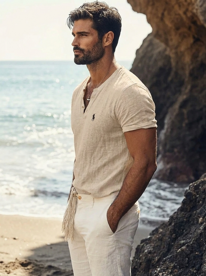 Frank | Men's V-Neck Shirt with Short Sleeves and Buttons