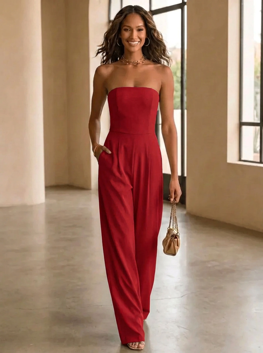 ElevenOra Stylish Camel Strappy Sleeveless Fitted Wide Leg Ribbed Knit Jumpsuit