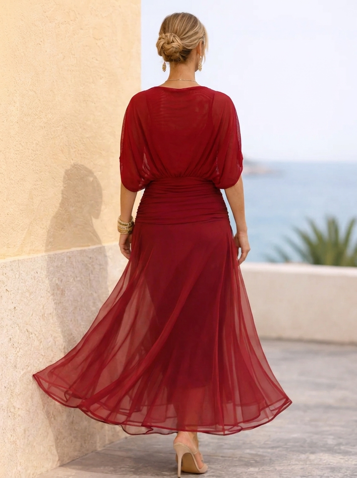 Vestido maxi elegante para festas com decote em V