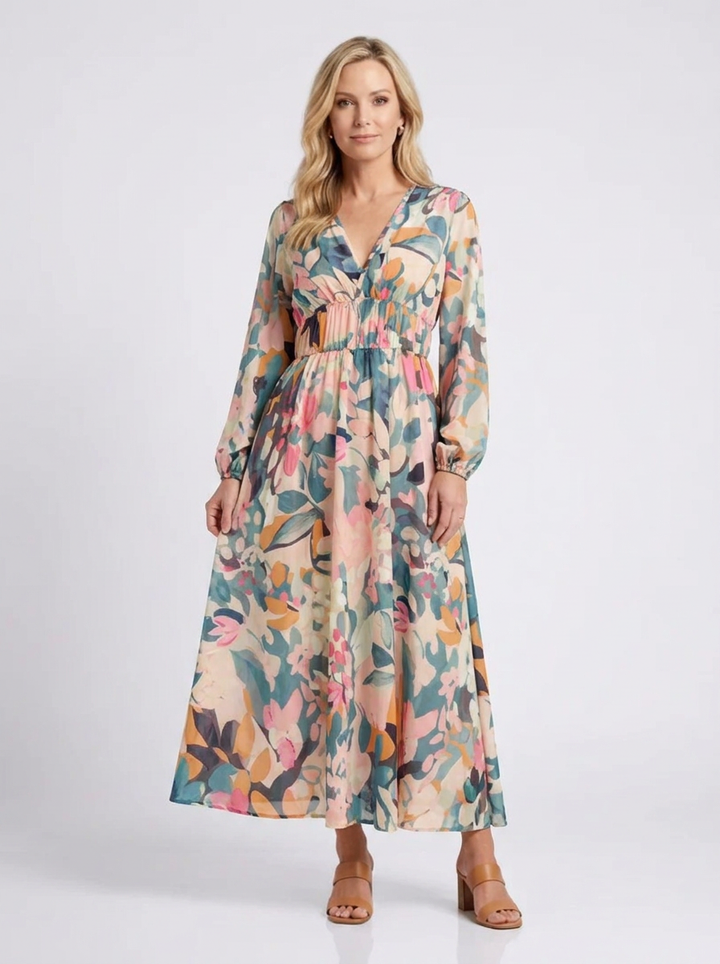 Eulalie | Vestido midi de manga curta com decote em V e cintura franzida