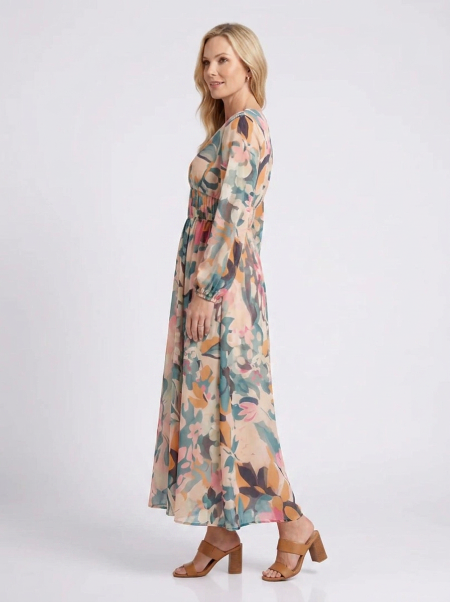 Eulalie | Vestido midi de manga curta com decote em V e cintura franzida