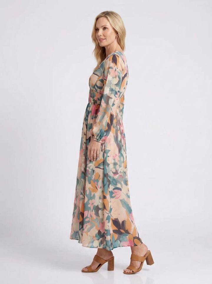 Eulalie | Vestido midi de manga curta com decote em V e cintura franzida