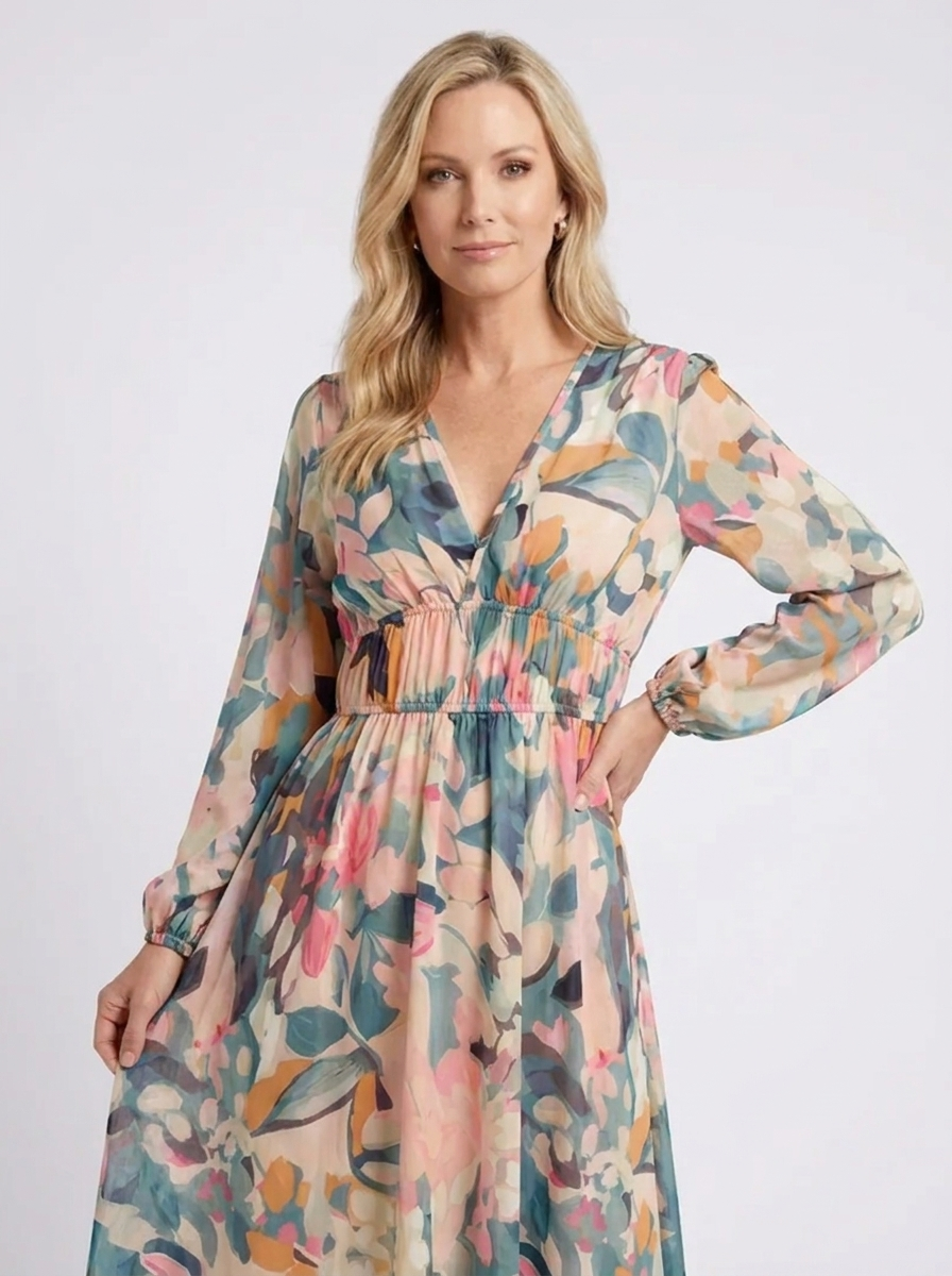 Eulalie | Vestido midi de manga curta com decote em V e cintura franzida