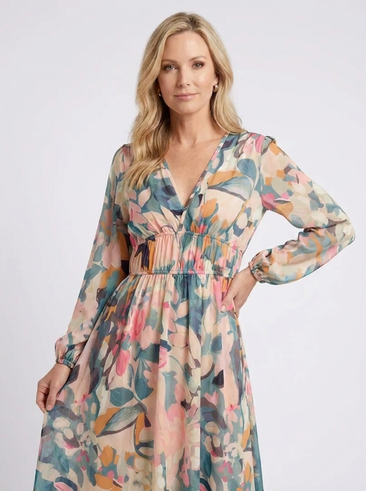 Eulalie | Vestido midi de manga curta com decote em V e cintura franzida