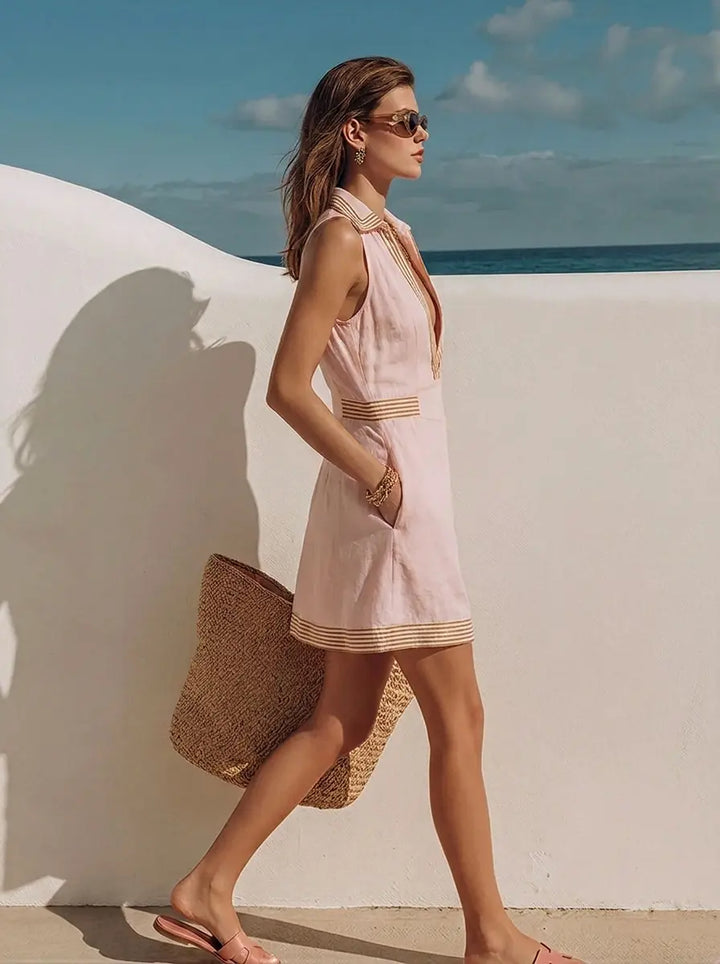 Damen ärmelloses Mini-Kleid mit Taschen und Knöpfen