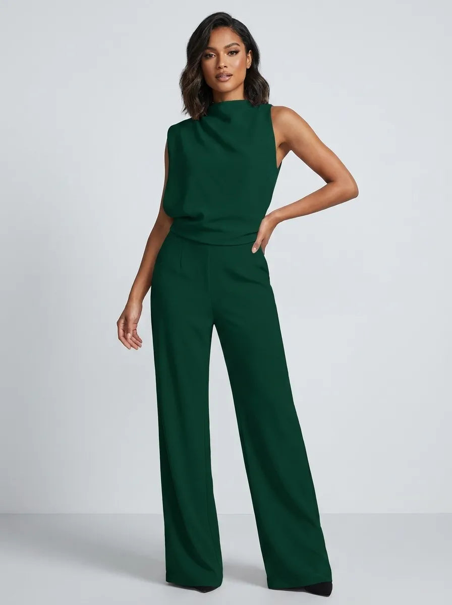 Damen Hochkragen Ärmelloser Jumpsuit mit Weitem Bein und Taschen
