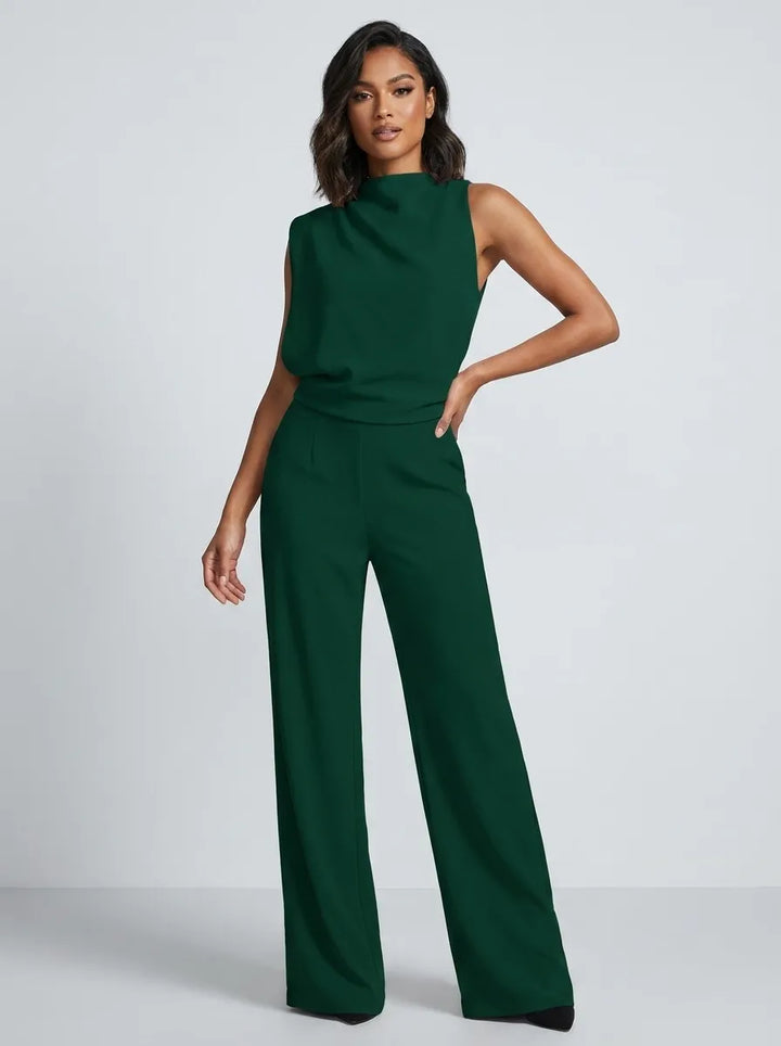 Damen Hochkragen Ärmelloser Jumpsuit mit Weitem Bein und Taschen