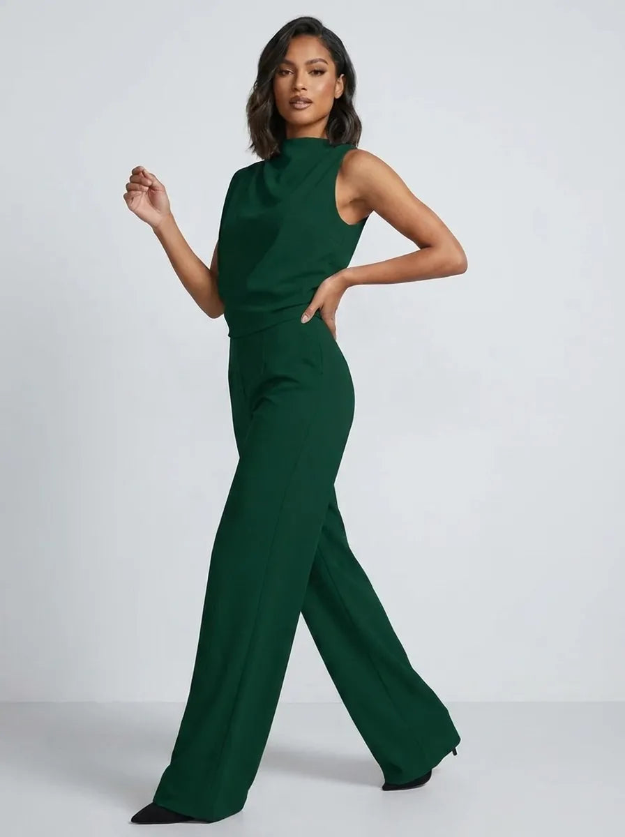 Damen Hochkragen Ärmelloser Jumpsuit mit Weitem Bein und Taschen