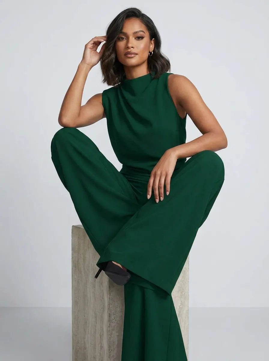 Damen Hochkragen Ärmelloser Jumpsuit mit Weitem Bein und Taschen