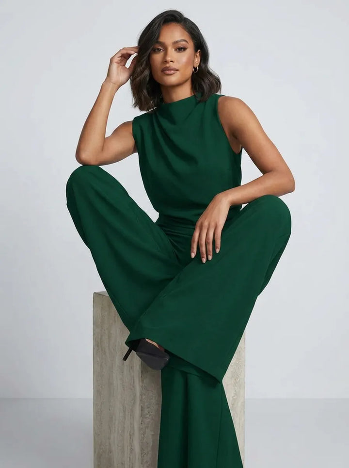 Damen Hochkragen Ärmelloser Jumpsuit mit Weitem Bein und Taschen