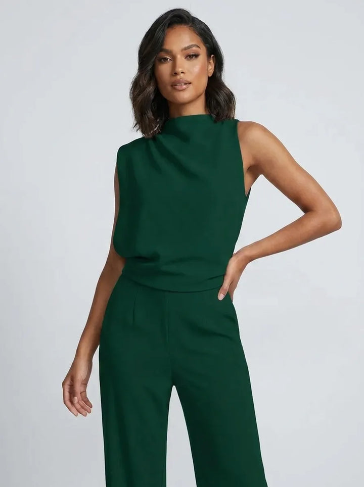 Damen Hochkragen Ärmelloser Jumpsuit mit Weitem Bein und Taschen