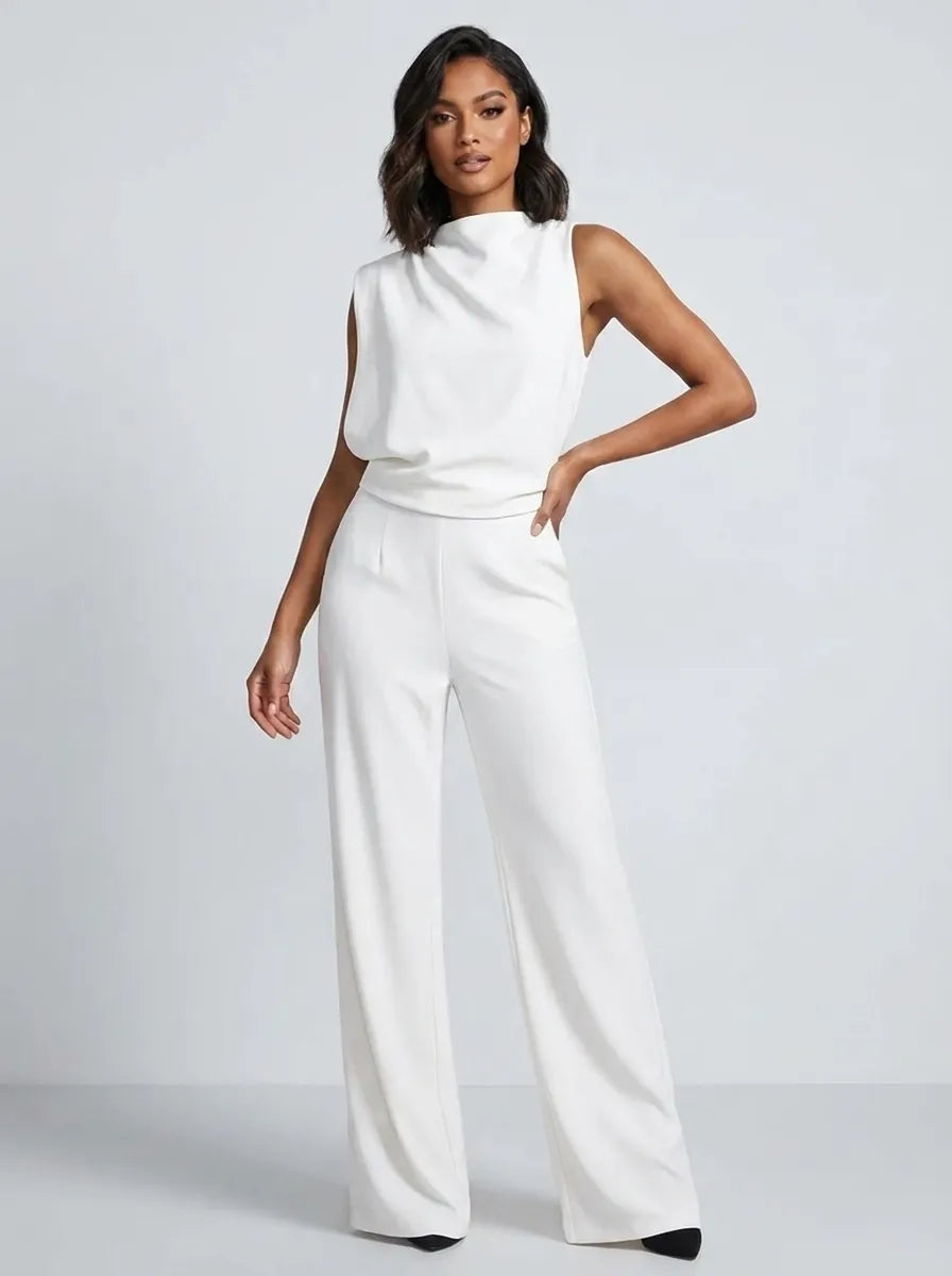 Damen Hochkragen Ärmelloser Jumpsuit mit Weitem Bein und Taschen