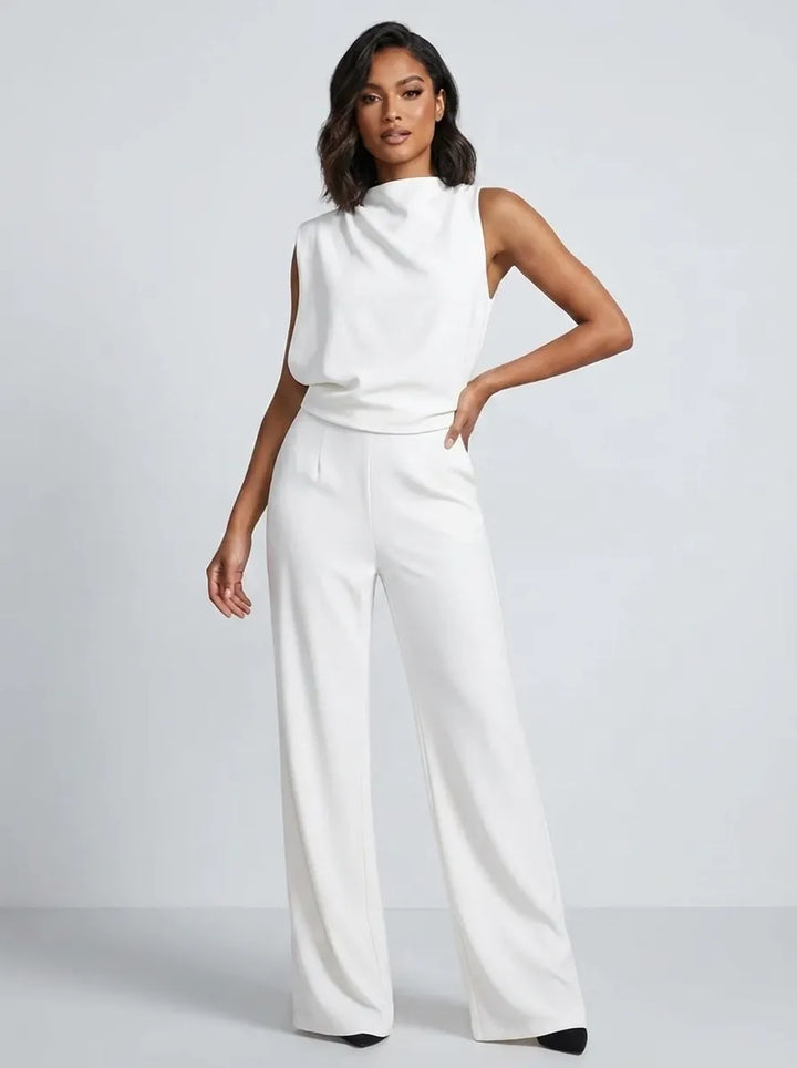 Damen Hochkragen Ärmelloser Jumpsuit mit Weitem Bein und Taschen