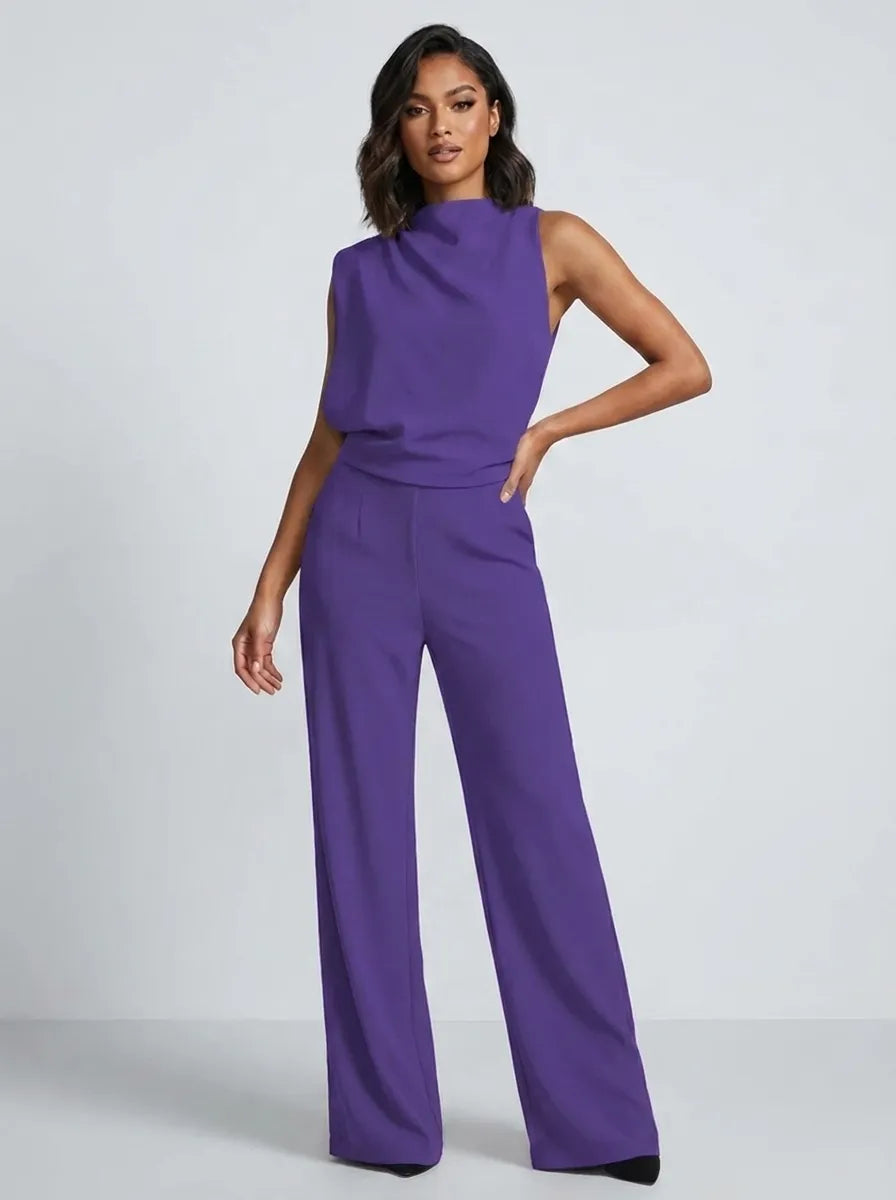 Damen Hochkragen Ärmelloser Jumpsuit mit Weitem Bein und Taschen