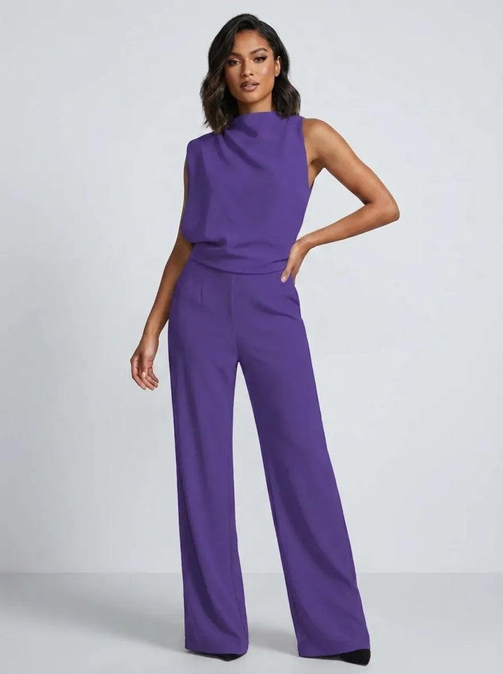 Damen Hochkragen Ärmelloser Jumpsuit mit Weitem Bein und Taschen