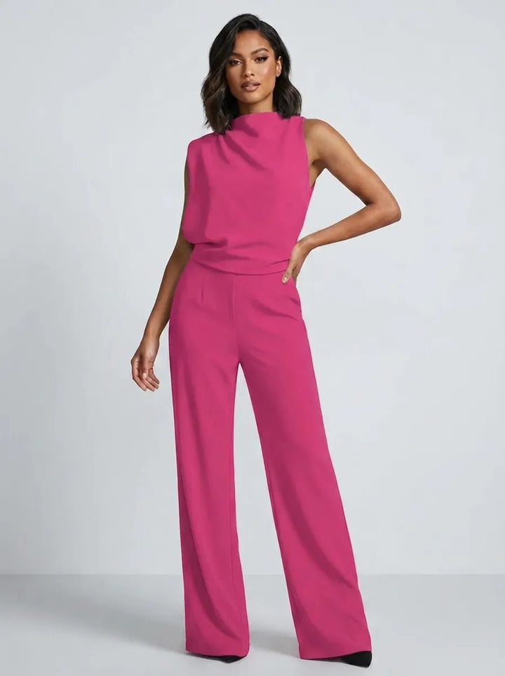 Damen Hochkragen Ärmelloser Jumpsuit mit Weitem Bein und Taschen